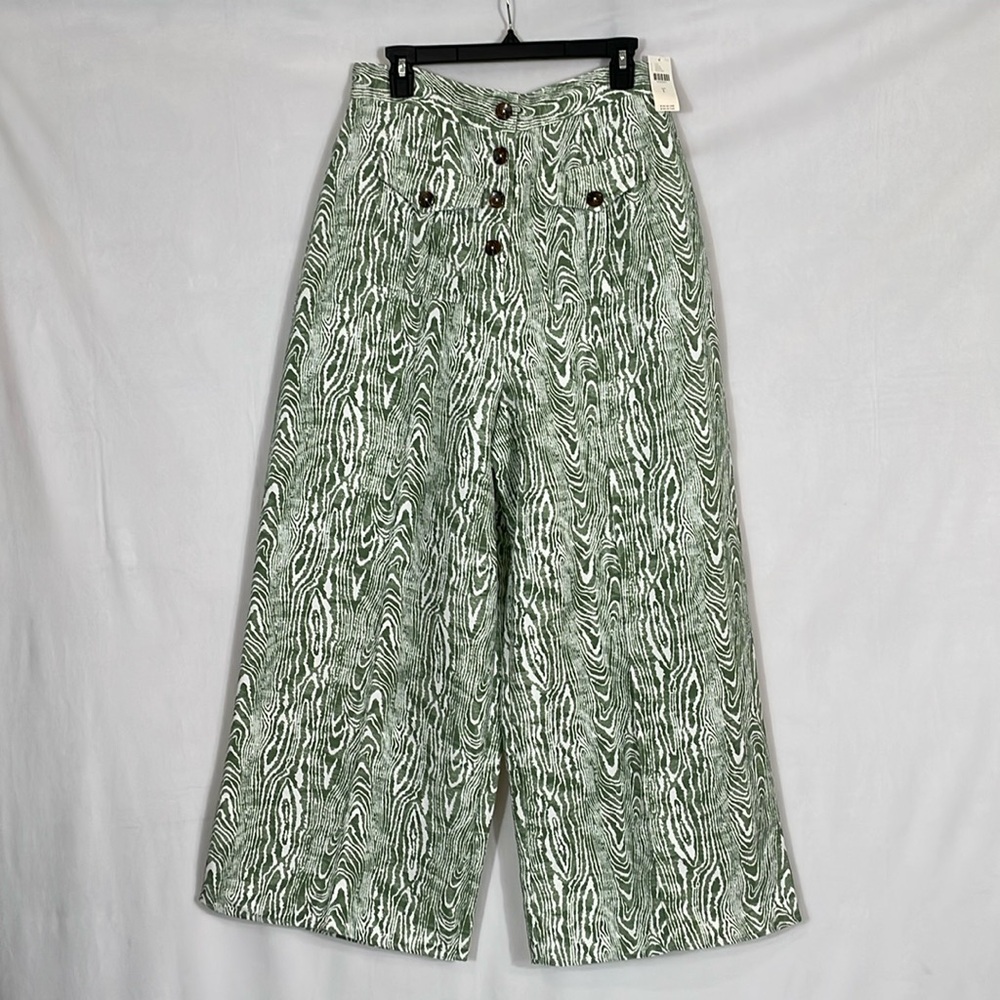 Anthropologie Pants NWT Size L Wide Leg Trouser Green Ivory Print - Picture 1 of 15